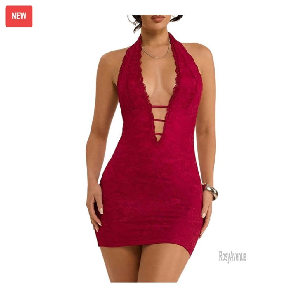 Sexy Deep V Neck Lace Halter Mini Dress Open Back Bodycon